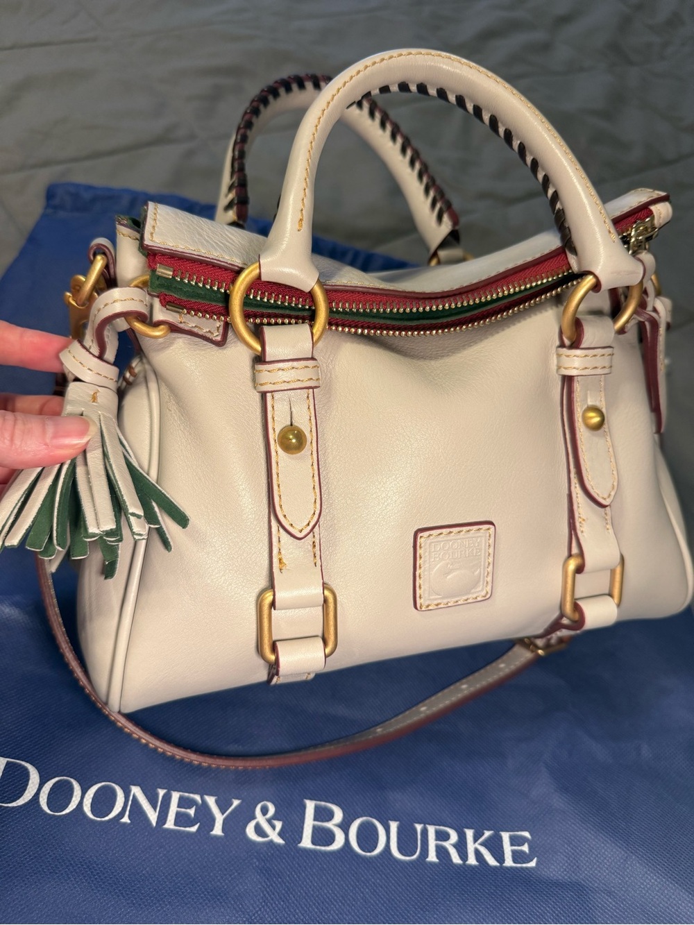 Dooney & Bourke Micro Florentine Satchel with Green Accent Tassel in Ecru